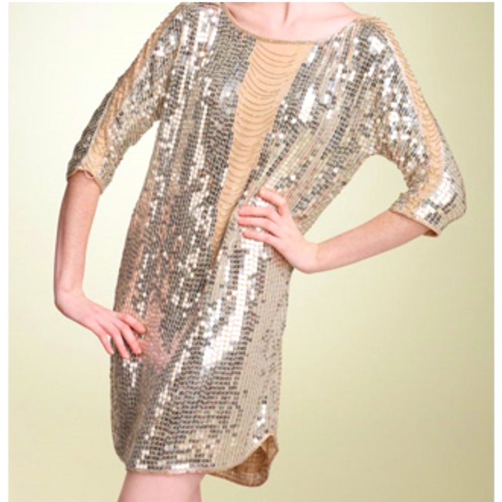 NWOT Haute Hippie Sequined Beaded Art Deco Flapper Dress 100% Silk V Neck Sz S